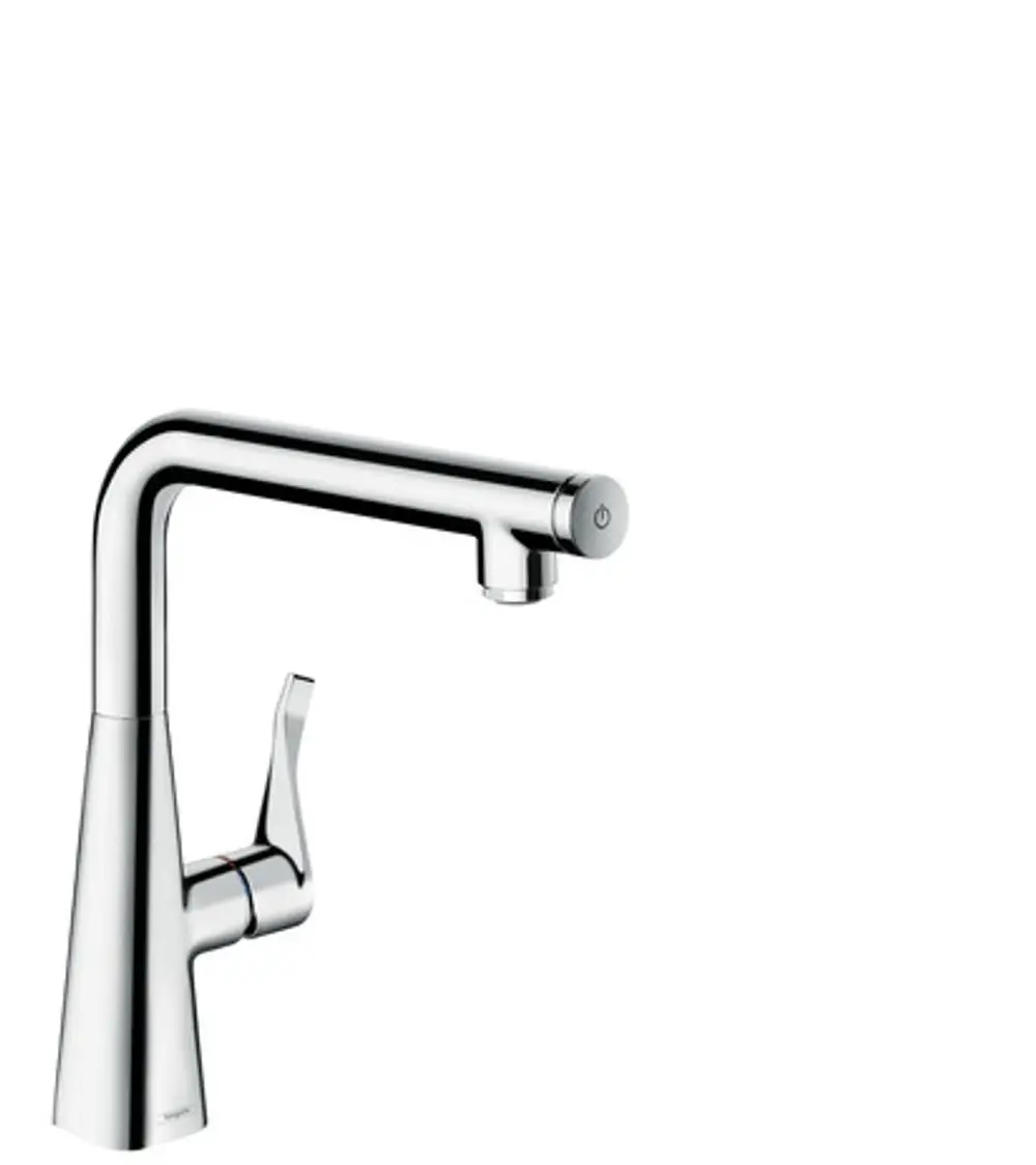 Küchenarmatur in verchromtem Finish mit einem modernen Design. Hansgrohe Mischer mit einem seitlichen Hebel und einem runden Auslauf.